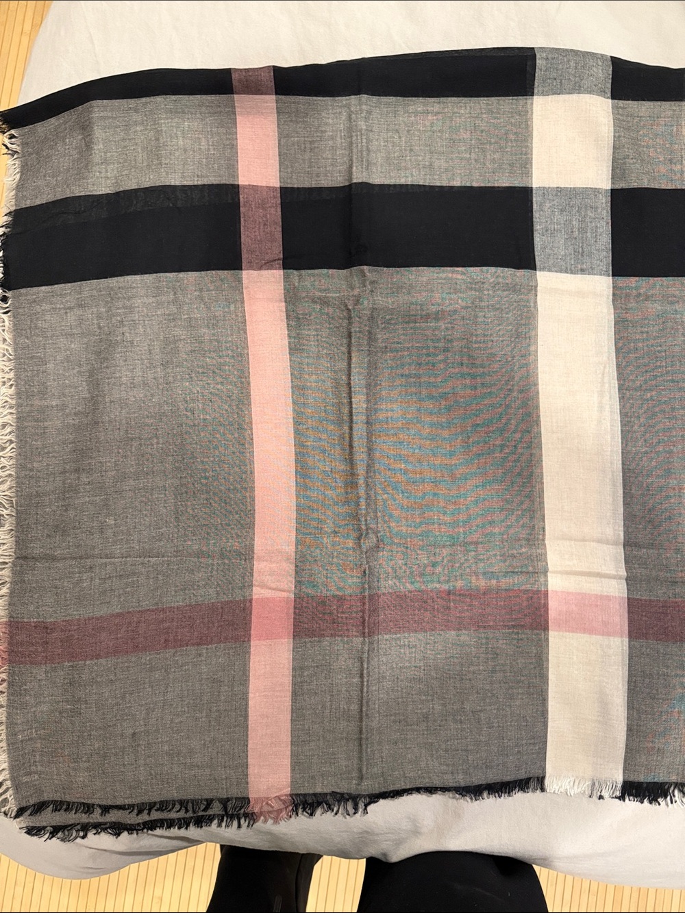NWOT. Burberry Black Gray Check Modal Wool Square Scarf - Picture 11 of 13